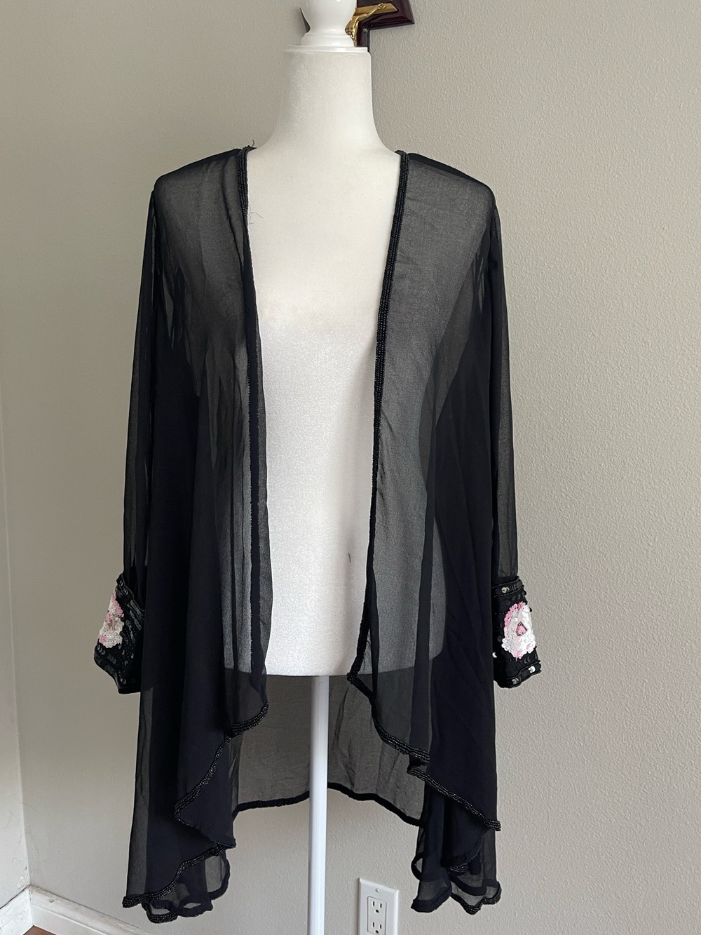 Sheer Black Floral Sleeve Kimono